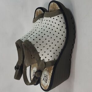 Fly London White and Olive Green Perforated Wedge Sandals
